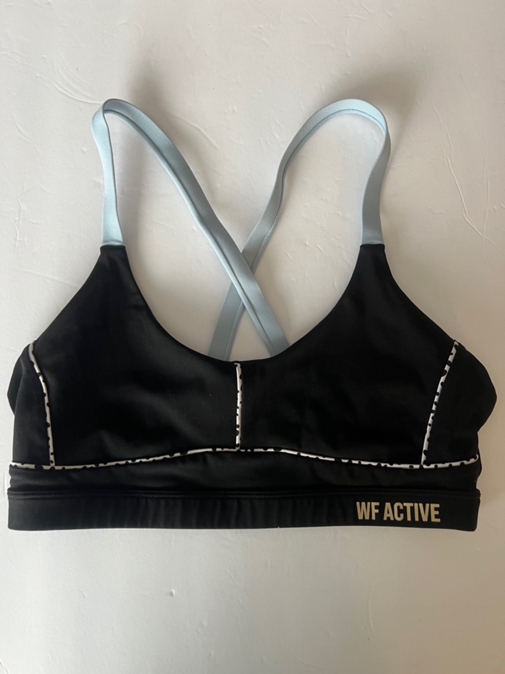 White Fox Boutique Black Sports Bra‎ with Light Blue Crossback Straps